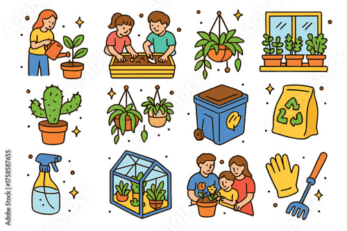 Family Indoor Gardening. Colorful isometric vector icons set of family gardening indoors: watering plants, kids planting seeds, herbs on windowsill, potted