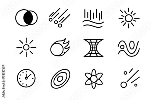 Cosmic Phenomena Icons. Cosmic phenomena. Line icon set of Cosmic phenomena: eclipse, meteor shower, aurora, pulsar, gamma ray burst, solar flare, wormhole,