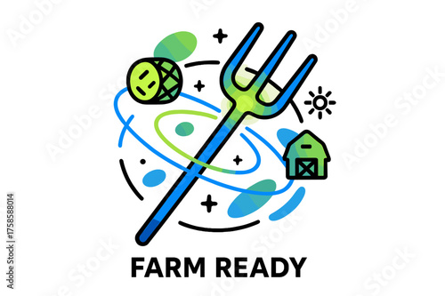 Glowing Neon Pitchfork. Pitchfork handle. Abstract glowing pitchfork with floating orbiting hay, farm icons,