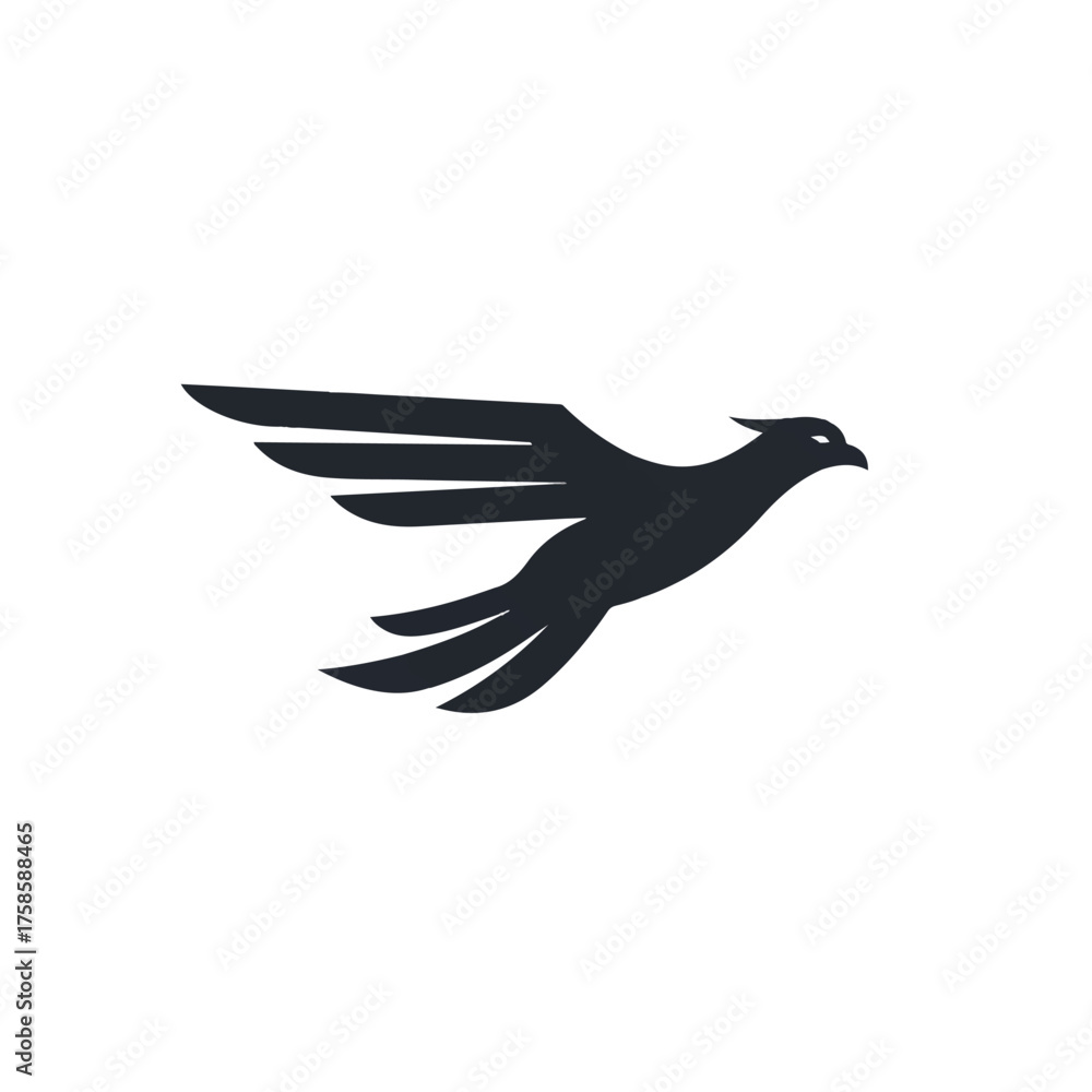 Fototapeta premium A black silhouette of a bird in flight against a clean white background with outstretched wings.