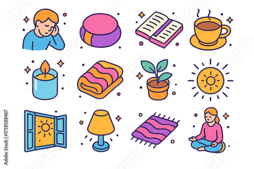 Emotional Healing Icons. Emotional healing. Colorful isometric vector icons set of emotional healing: person reflecting, meditation cushion, journal, cup of