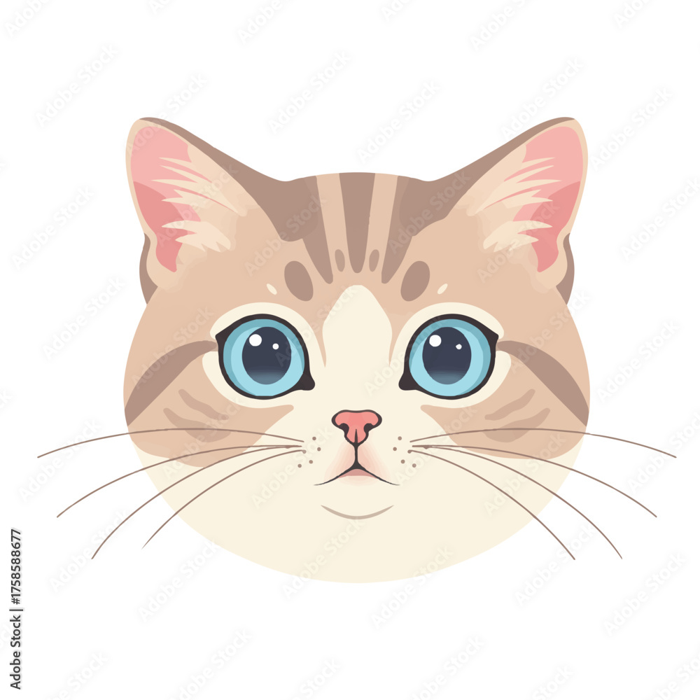 Fototapeta premium Digital illustration of a cute cat's face with blue eyes on a white background.