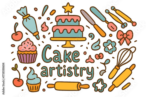 Cake Artistry Doodle. Cake artistry. Hand-drawn doodle illustration of Cake artistry. Tiered cake, piping bag,