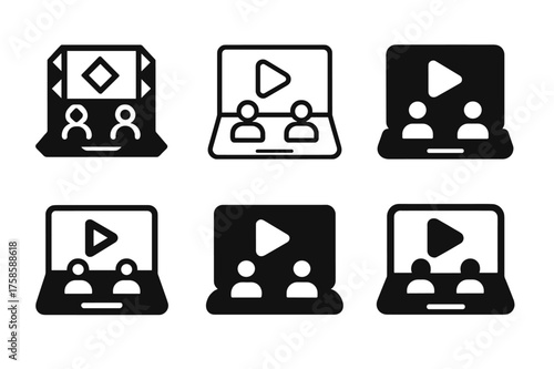 Diverse Webinar Logos. Webinars and workshops. Set Logo of Webinars and workshops: Laptop screen showing play button and participant tiles. harmonious logo