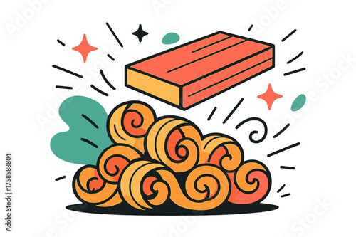 Crafting Wood Magic. Wood shavings. A glowing pile of wood curls under a freshly cut plank, abstract floating sparkles and motion lines symbolizing handmade