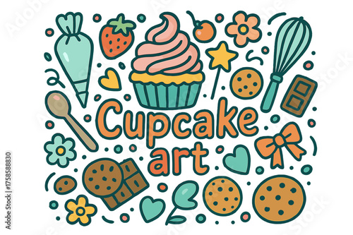 Cupcake Doodle Art. Cupcake art. Hand-drawn doodle illustration of Cupcake art. Cupcake with frosting, piping