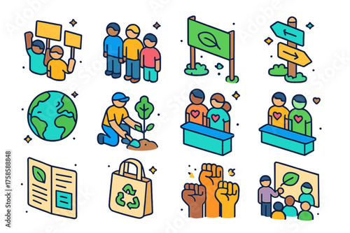 Grassroots Icons Collection. Grassroots movement. Colorful isometric vector icons set of grassroots movement: local protest, activist group, eco banner,