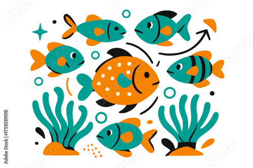 Playful Reef Fish. Playful reef fish. Small vibrant fish darting between anemones, forming swirling patterns like living mandalas. Floating bubbles emphasize