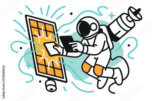 Astronaut Scanning Satellite. Satellite inspection. An astronaut floating close to a glowing satellite panel, scanning it with a tablet. Abstract energy lines