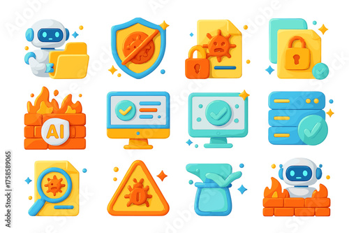 AI Malware Defense Icons. 3D icons set of AI in malware defense: robot scanning file, shield with virus crossed out, infected file with lock, AI firewall,