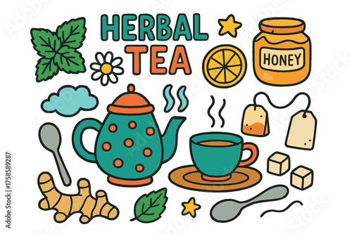 Herbal Tea Doodle. Herbal Tea. Colorful Hand-drawn doodle Children illustration teapot, tea cup, mint leaf, chamomile flower, lemon slice, honey jar, tea bag,