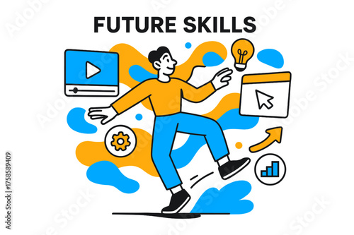 Navigating Future Skills. Future Skills. A person standing in front of floating screens, icons changing rapidly, while they confidently adapt and keep balance.