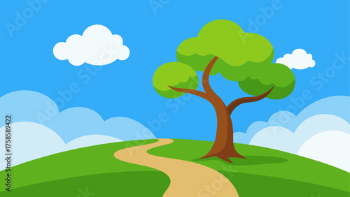 A simple cartoon landscape with a winding path and a tree