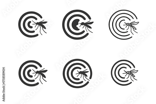 Mosquito Repellent Logos. Lighting a bug-repellent spiral. Set Logo of Lighting a bug-repellent spiral: Mosquito silhouette retreating from spiral's protective