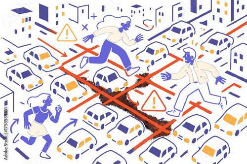 City Gridlock Aerial View. City gridlock. A glowing aerial view of a city with streets completely filled with