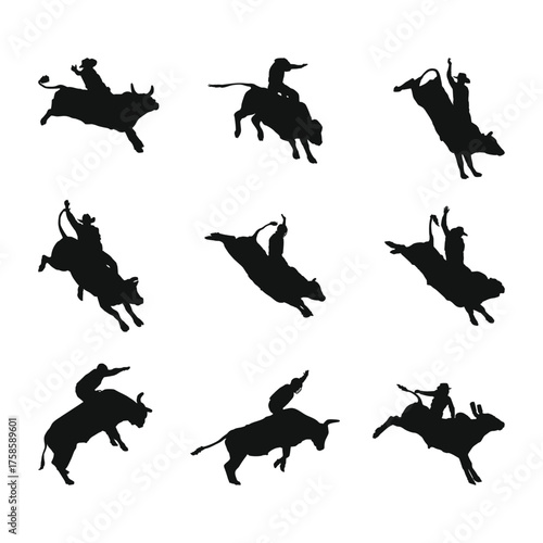Dynamic Collection of Rodeo Bull Riding Silhouettes Illustrating Cowboy and Bull Sports Action