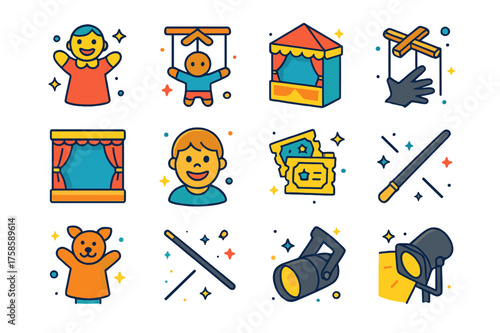 Puppet Theater Icons. Colorful isometric vector icons set of puppet theater: hand puppet, marionette, puppet stage, string controls, wooden crossbar, theater