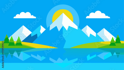 Vibrant flat design mountain landscape with reflecting lake and sun