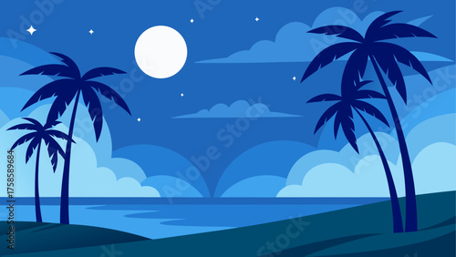 Serene tropical beach scene under a full moon and starry night sky
