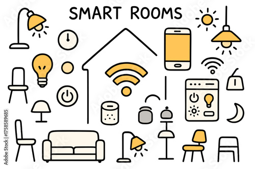 Smart Home Doodles. Smart Rooms. Hand-drawn doodle illustration smart rooms house outline (accented), smartphone (accented), glowing lamp, smart speaker, wifi