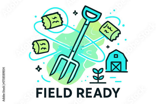 Futuristic Farm Tools. Pitchfork handle. Abstract glowing pitchfork with orbiting floating hay icons, energy
