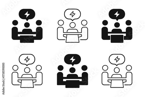 Mediation Logo Grid. Team dynamics and conflict resolution in management. Set Logo of mediation table: Filled silhouette, Minimal outline, Symmetrical form,