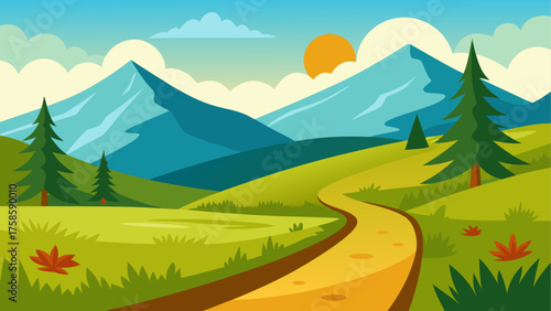 Scenic mountain landscape with a winding path and evergreen trees