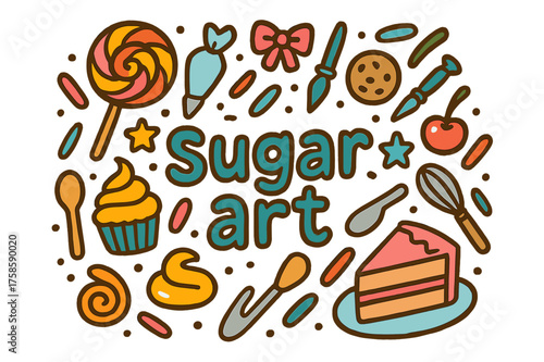 Playful Sugar Art. Sugar art. Hand-drawn doodle illustration of Sugar art. Candy, lollipop, icing swirl,