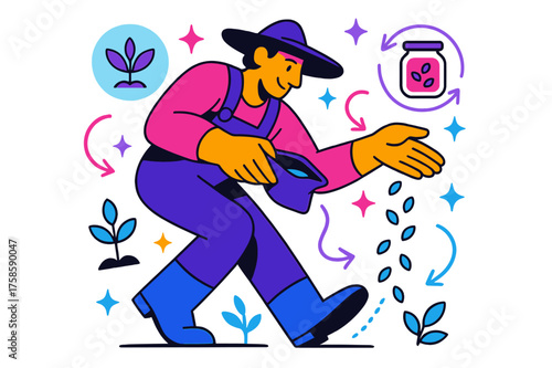 Seed Preservation Artistry. Seed saving. A glowing farmer character carefully collecting seeds with floating