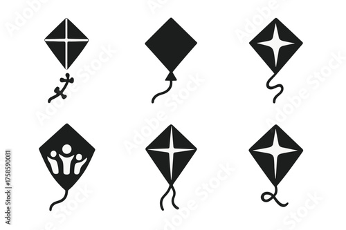 Kite Festival Logos. Family kite making workshops. Set Logo of kite festival in the sky: Abstract geometric, Filled silhouette, Symmetrical form, Negative