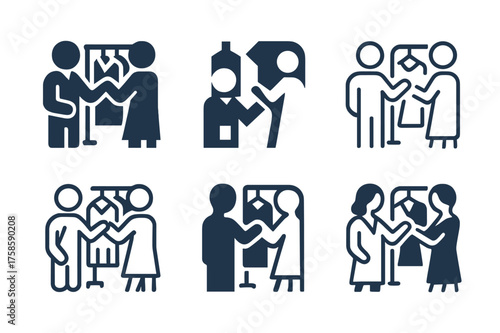 Stylish Boutique Logos. A person browsing through racks of clothes in a stylish boutique. Set Logo of A person browsing through racks of clothes in a stylish