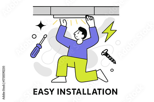 Under-Cabinet LED Install. Under-cabinet light. Character installing glowing LED light under cabinet with