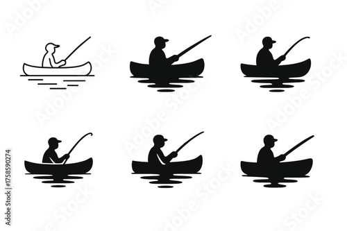 Canoe Logo Variations. Canoeing. Set Logo of Canoeing: Fishing canoe with rod and calm reflection. harmonious logo variations of the same emblematic concept,