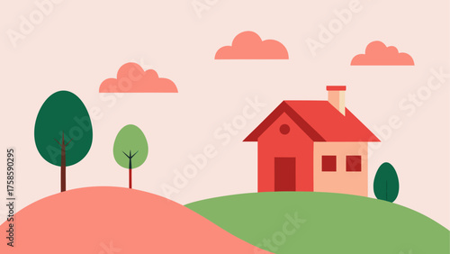 Charming red house on a rolling green hillside with trees and clouds