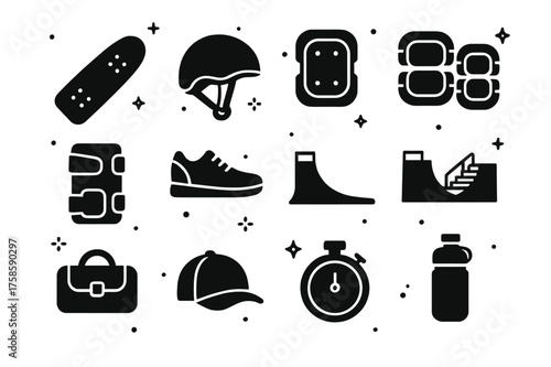 Skate Gear Icons. Skateboarding & Roller Sports. Solid icons set of Skateboarding & Roller Sports: Skateboard, Helmet, Knee Pads, Elbow Pads, Wrist Guards,
