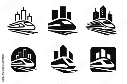 Maglev Train Logos. Future of transportation. Set Logo of Future of transportation: Maglev train slicing through a cityscape. harmonious logo variations of the