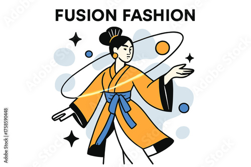 Fusion Fashion Flair. Cultural influences in fashion. Character modeling glowing fusion outfit blending