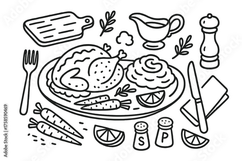 Roasted Chicken Doodle. Roasted Chicken with Mashed Potatoes. Hand-drawn doodle illustration roasted chicken with a side of mashed potatoes roasted chicken,