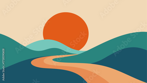 Abstract landscape with a winding road and a large orange sun