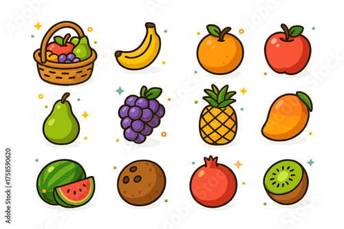 Colorful Fruit Icons. Fruit Market. Colorful isometric vector icons set of fruit market: basket of fruits, banana, orange, apple, pear, grapes, pineapple,