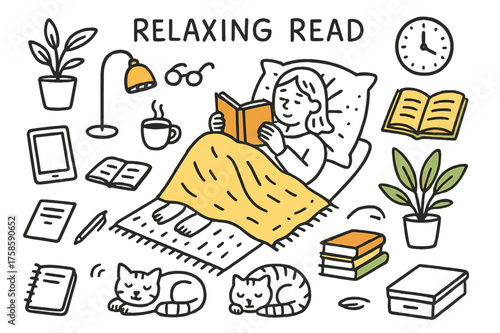 Cozy Reading Essentials. Relaxing Read. Hand-drawn doodle illustration relaxing read person lying with book (accented), pillow, blanket (accented), lamp,
