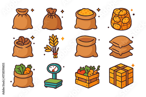 Colorful Storage Bag Icons. Storage bags. Colorful isometric vector icons set of storage bags: burlap sack, tied rope, grain bag, potato sack, coffee beans,