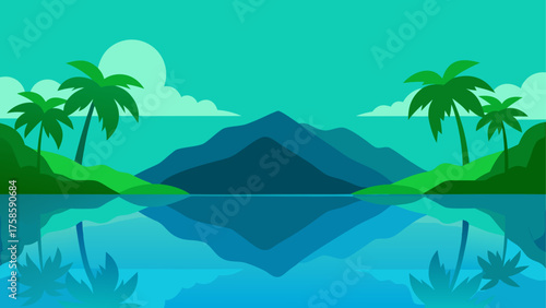 Serene tropical landscape with mountains and palm trees reflected in water