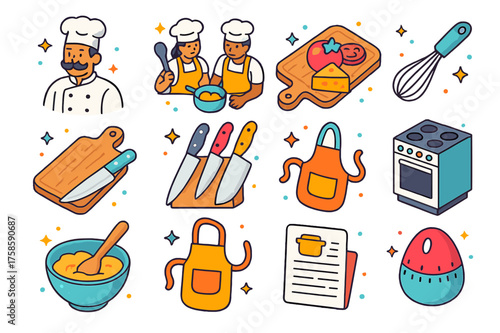 Culinary Education Icons. Culinary education. Colorful isometric vector icons set of culinary education: chef instructor, students cooking, ingredients,