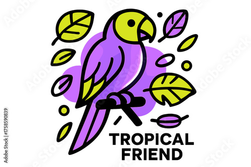 Glowing Parrot Art. Pets and animals. Abstract glowing parrot perched on branch, floating tropical leaves and