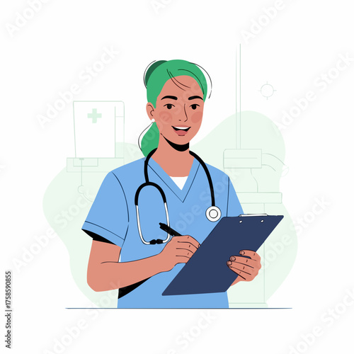 Friendly Female Doctor or Nurse with Clipboard Vector Illustration