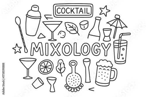 Mixology Doodle Art. Mixology. Hand-drawn doodle illustration of Mixology. cocktail shaker, martini glass,