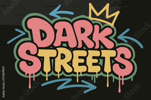 Graffiti Night Vibes. Dark Streets ? Graffiti Simplified, chunky tilted bubble letters, dripping outlines, arrows and crown accents, flat spray