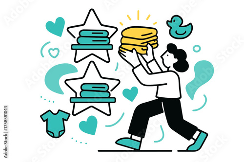 Whimsical Nursery Organization. Organizing baby closet. A person stacking glowing folded clothes on shelves shaped like stars, with floating hearts and tiny