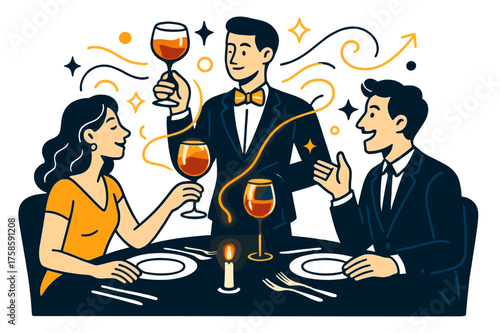 Elegant Fine Dining Scene. Fine dining experience. Glowing elegantly set table with plates, silverware, and abstract floating wine glasses and light trails